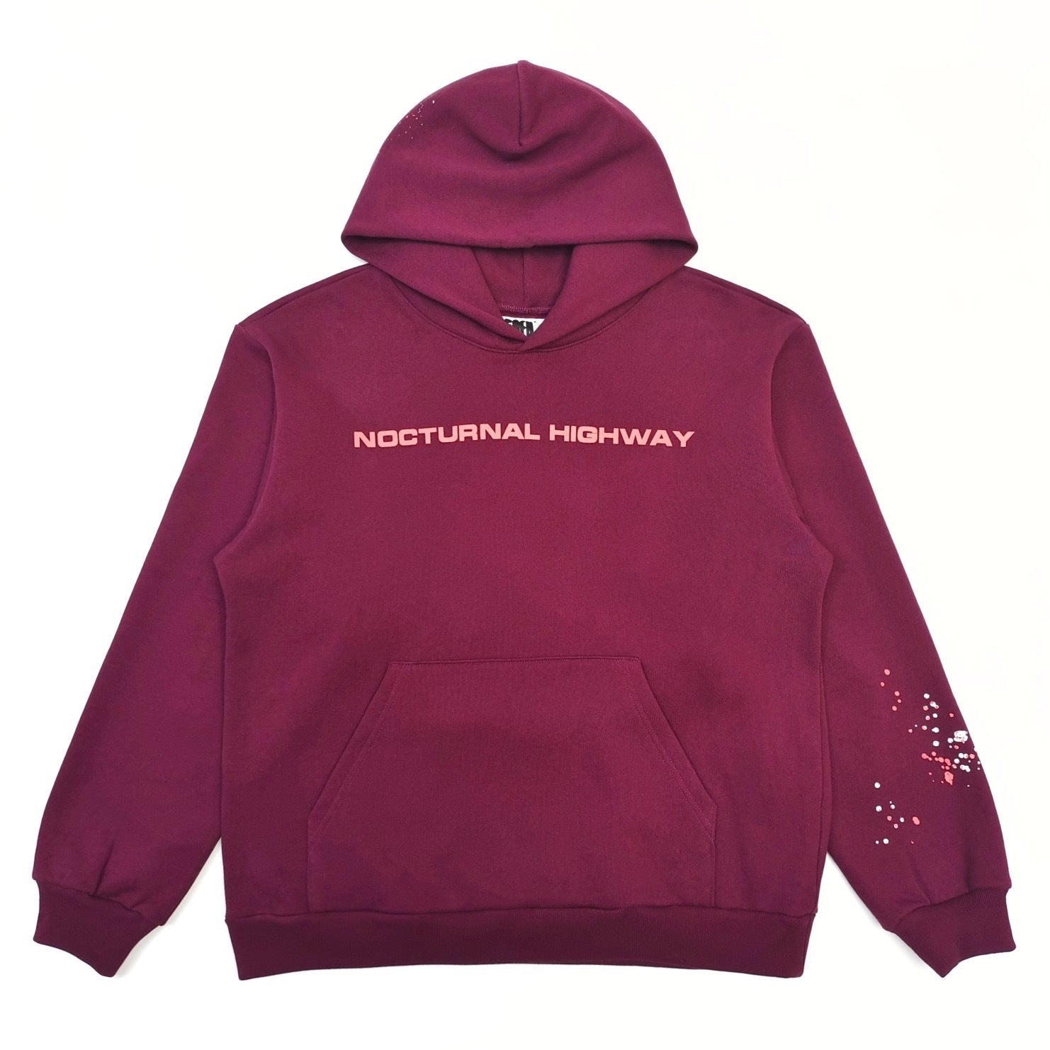 Maroon hoodie with 'Nocturnal Highway' text on a white background