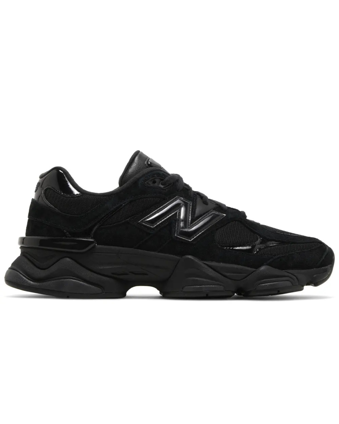 Black sneaker with a brand logo on a white background
