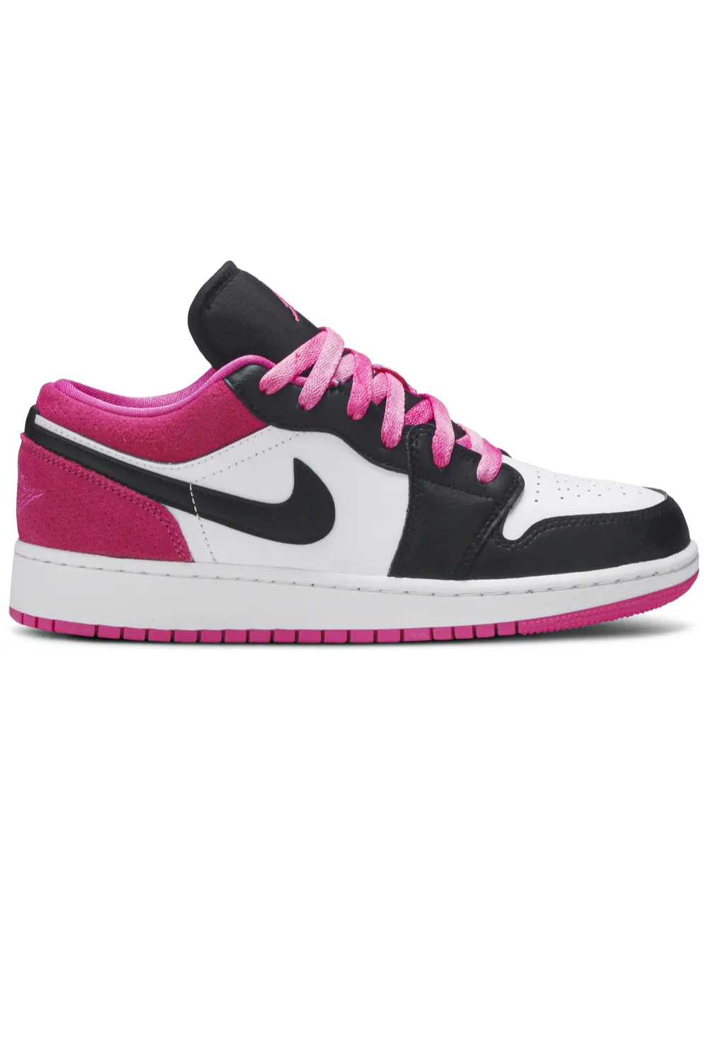 Pink, black, and white sneaker with Nike logo on a white background