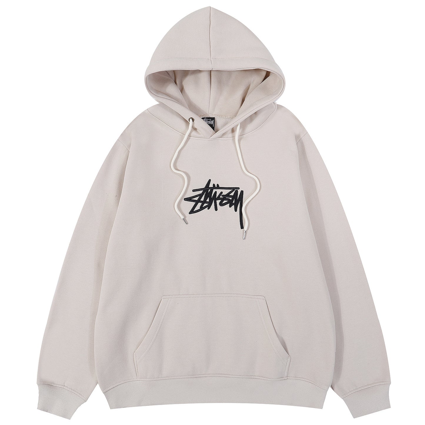 Beige hoodie with a black logo on a white background