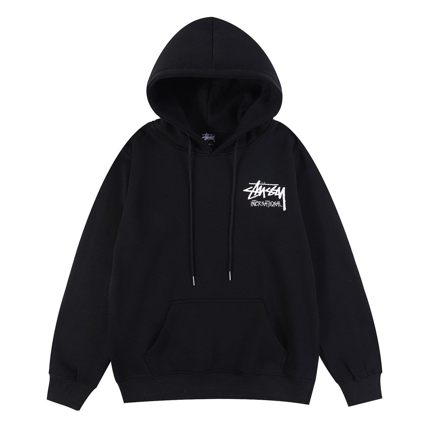 Black hoodie with a white logo on a white background