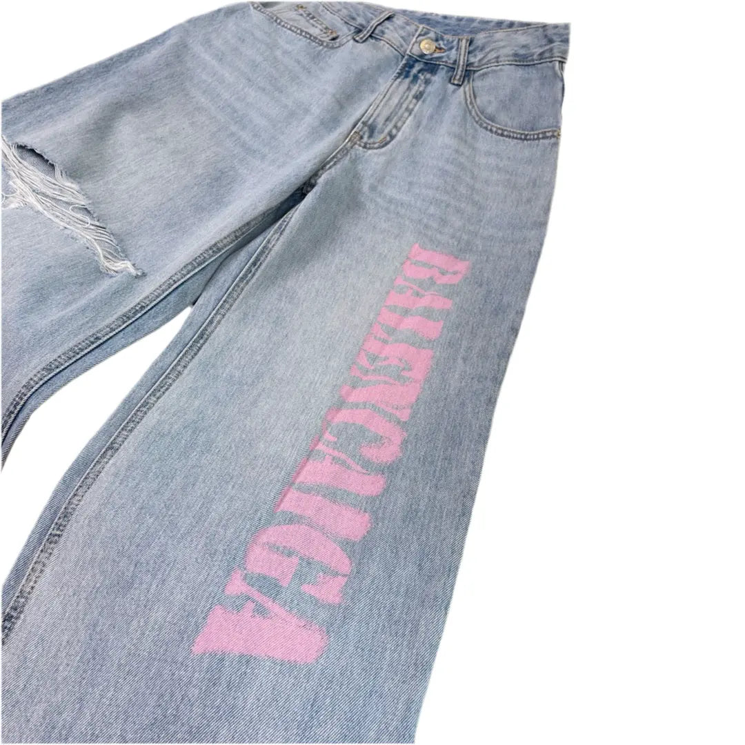 Balenciaga | Custom | Light Wash Pink Logo Distressed Jeans Balenciaga