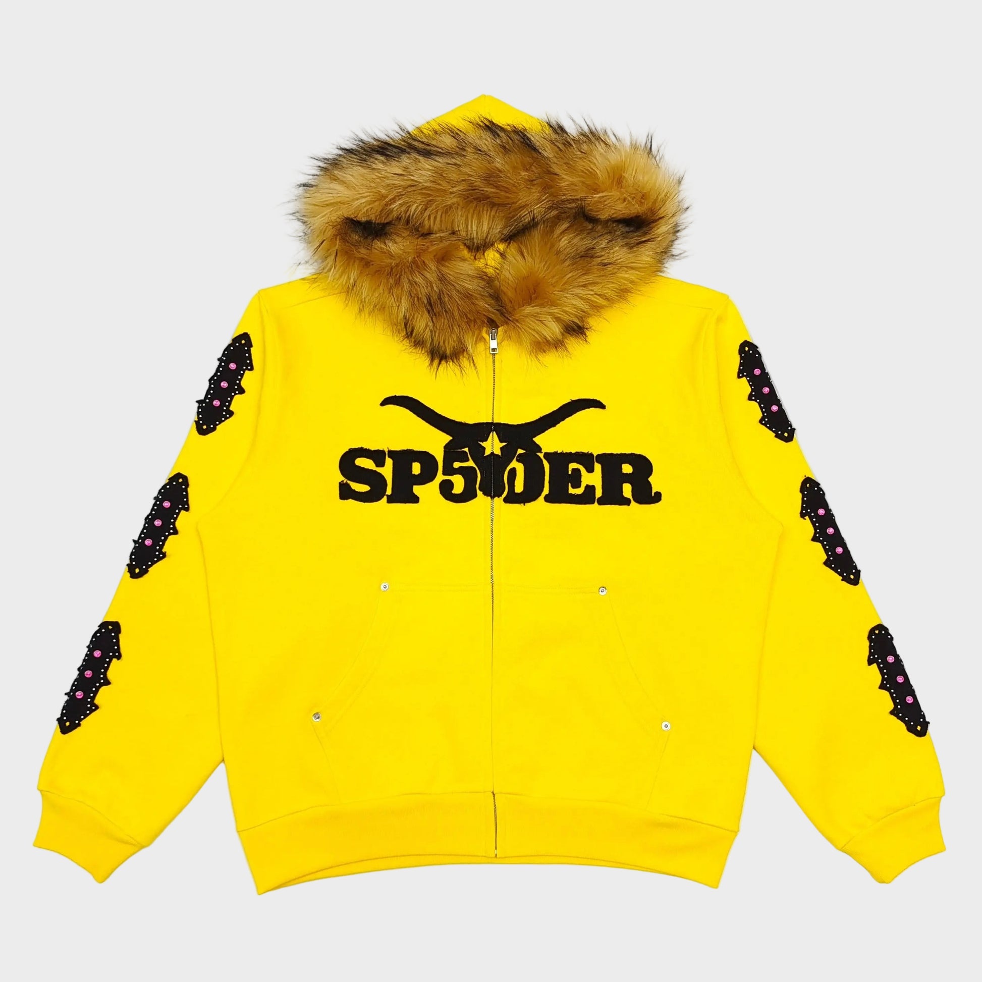 Sp5der | Yellow Faux Fur Hooded Zip-Up Hoodie Sp5der