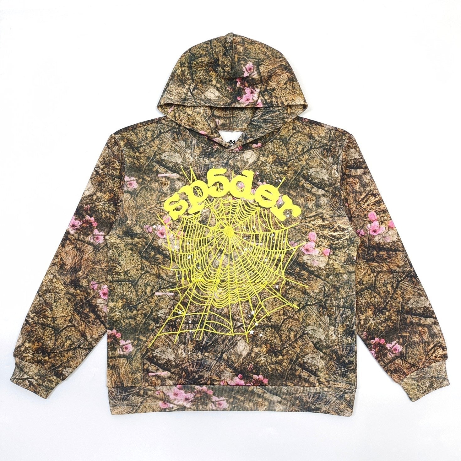 Sp5der Real Tree OG Web Hoodie front view with camo and yellow web logo
