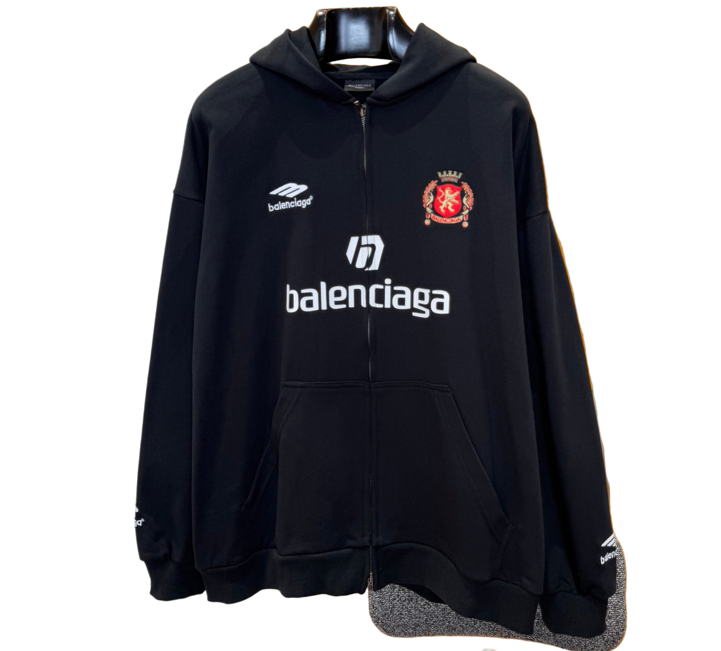 Balenciaga | Black Zip Hoodie | Crest & Logo Graphic