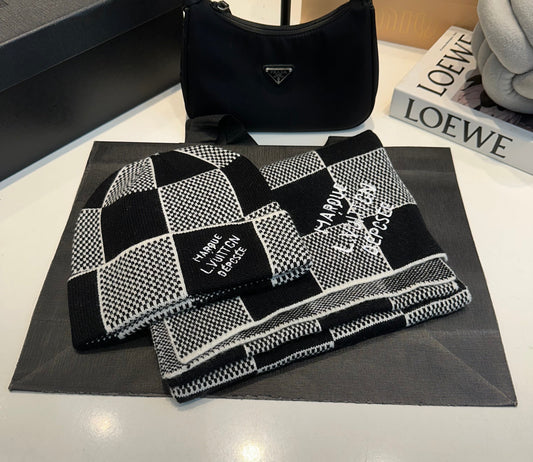 Louis Vuitton | Damier Knit Beanie & Scarf Set | Black & Grey