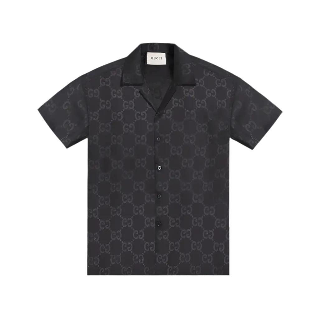 Gucci | Monogram Silk Button-Up Shirt | Black GG Pattern | Short Sleeve Gucci
