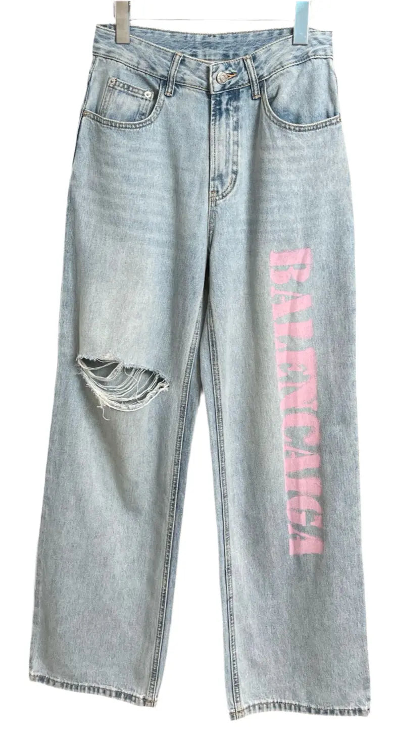 Balenciaga | Custom | Light Wash Pink Logo Distressed Jeans Balenciaga