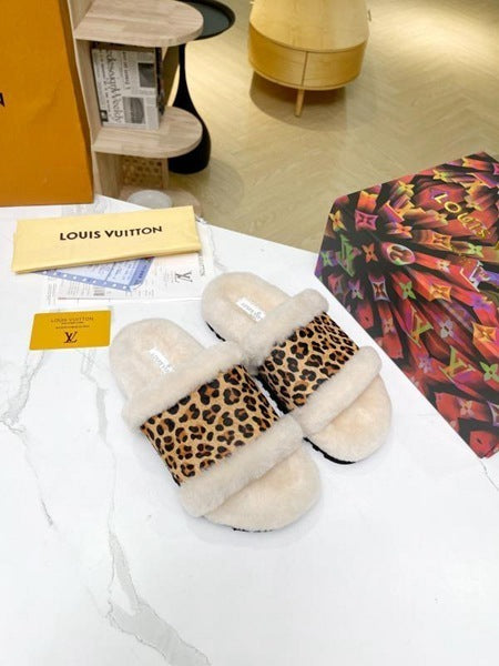 LV | Custom Leopard Fur Slides | Beige & Brown