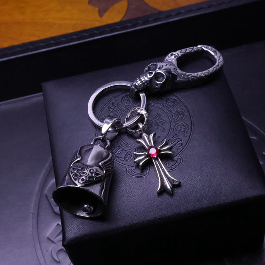 Chrome Hearts | Silver Skull Bell & Cross Key Holder with Red Stone