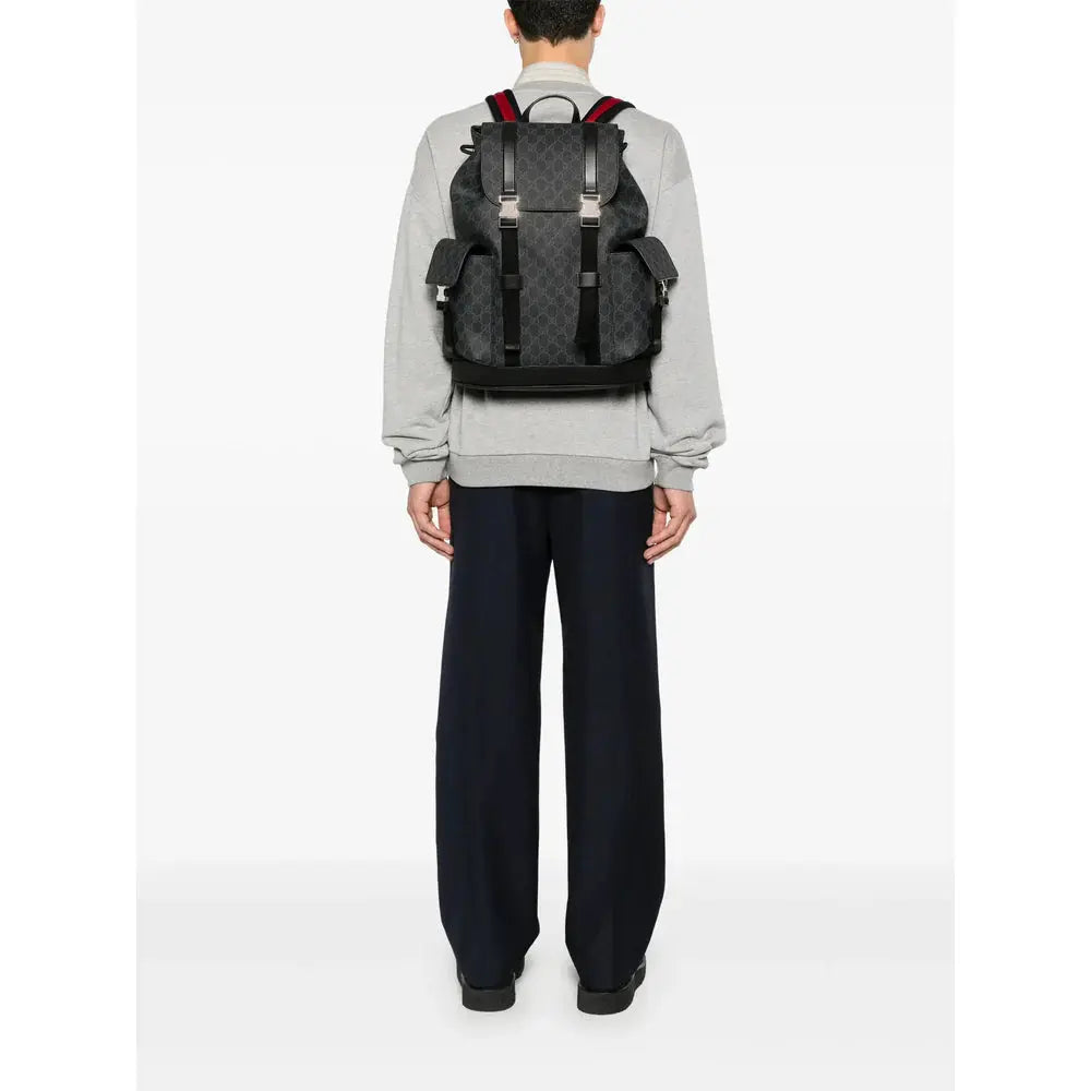 Gucci | Black GG Monogram Canvas Backpack with Web Stripe Gucci