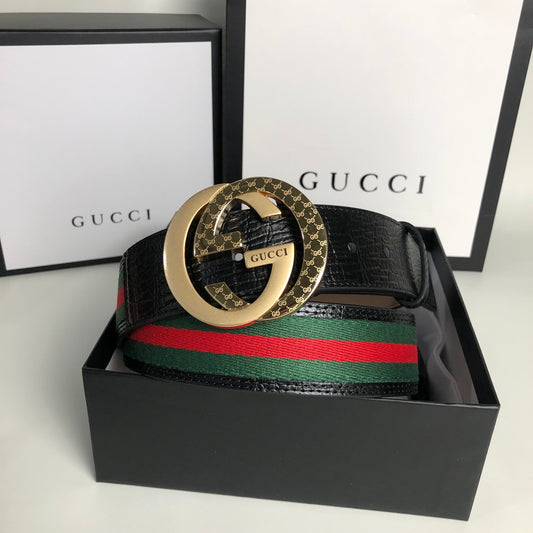 Gucci | Reversible Belt with Interlocking Gold G Buckle | Black Leather & Web Stripe