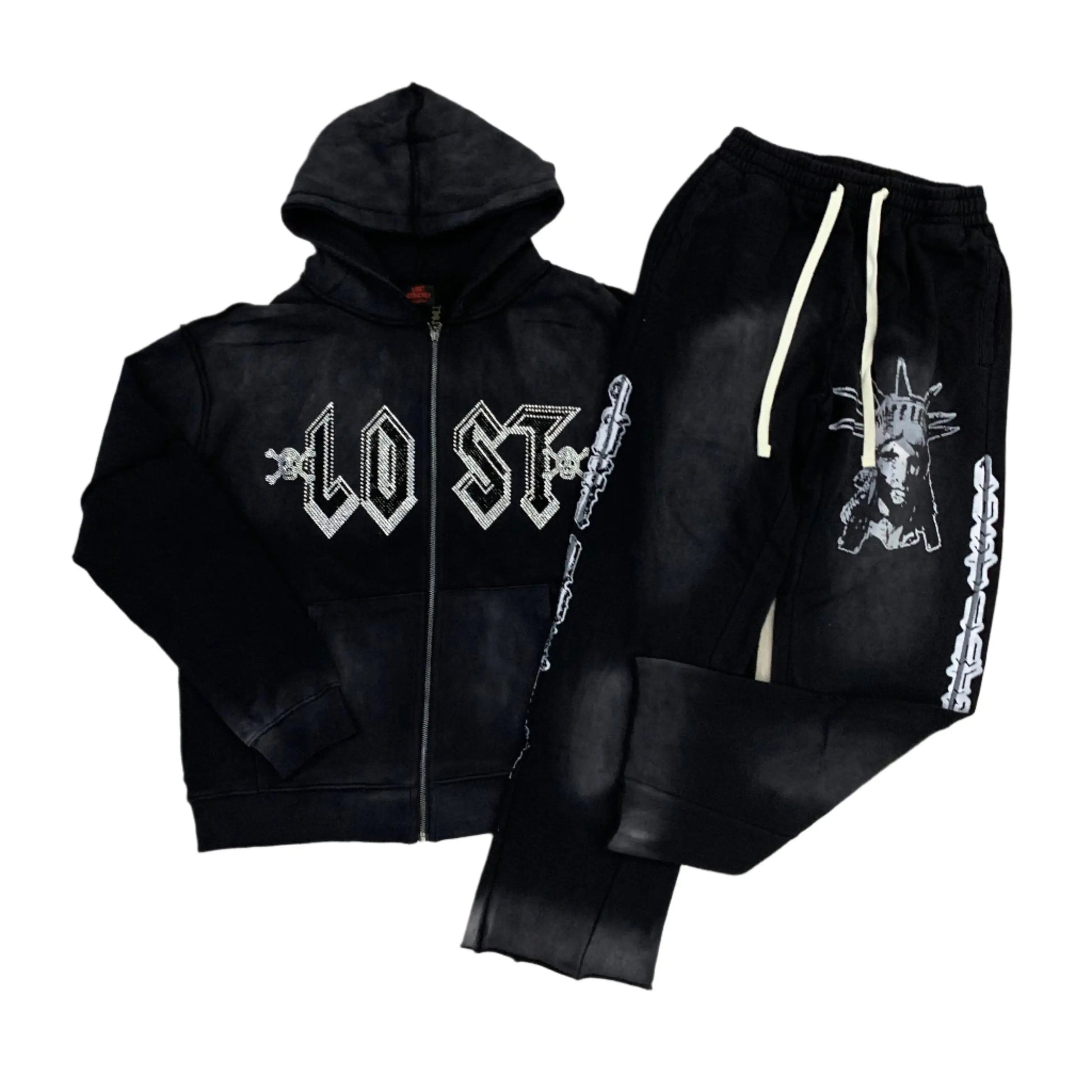 Lost Intricacy | Rhinestone Engraved Hoodie Sweat Set Lost Intricacy