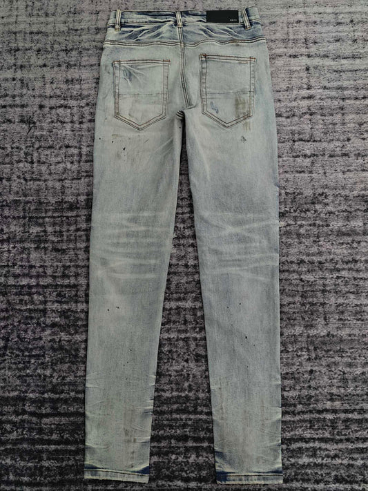 Amiri | MX1 Distressed Blue Skinny Jeans with Pink Leather Knee Patches