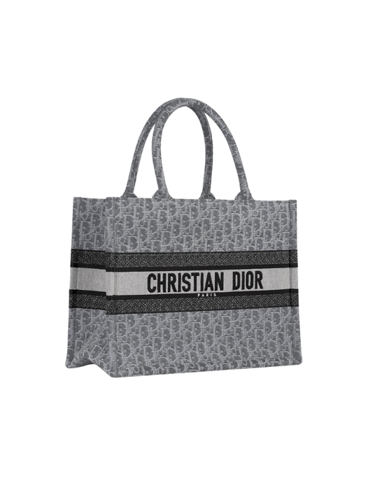 Dior | Medium Book Tote | Gray Denim Oblique Embroidery