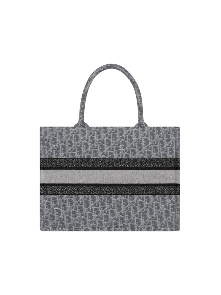 Dior | Medium Book Tote | Gray Denim Oblique Embroidery