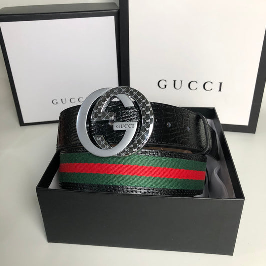 Gucci | Reversible Belt with Interlocking G Silver Buckle | Black Leather & Web Stripe