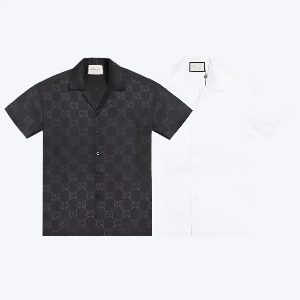 Gucci | Monogram Silk Button-Up Shirt | Black GG Pattern | Short Sleeve Gucci