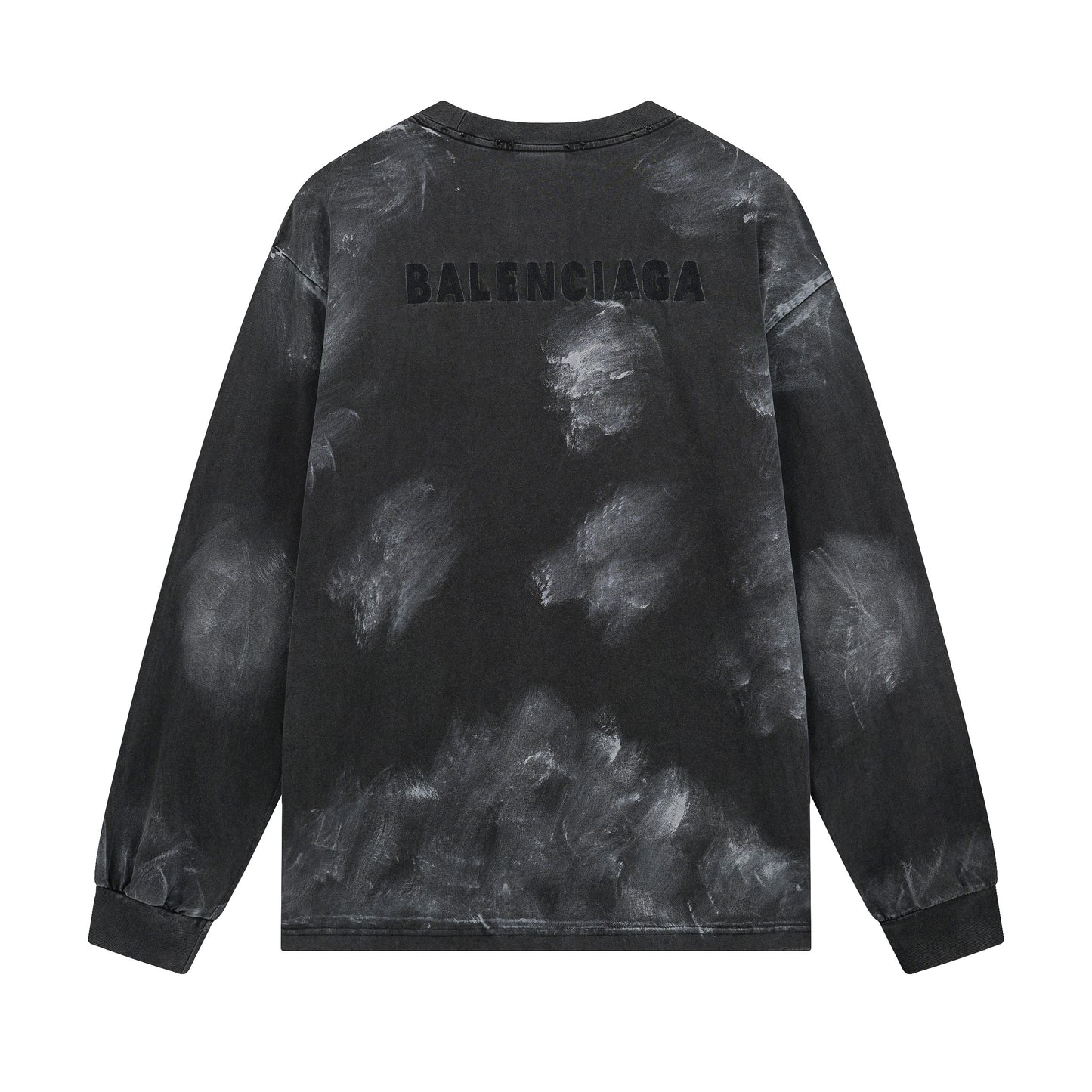 Black tie-dye long-sleeve shirt with 'Balenciaga' branding on a white background