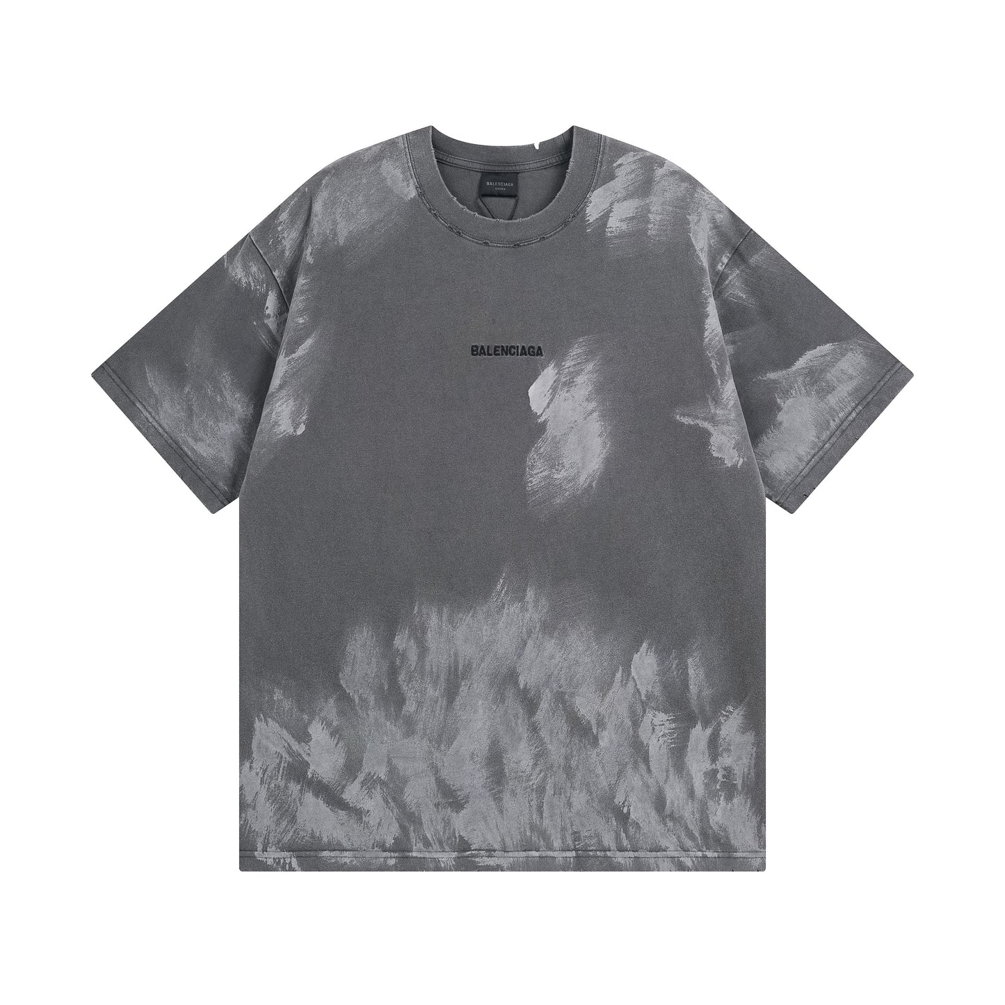 Gray tie-dye t-shirt with Balenciaga logo on a white background