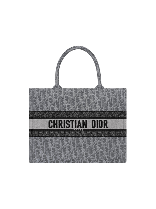 Dior | Medium Book Tote | Gray Denim Oblique Embroidery