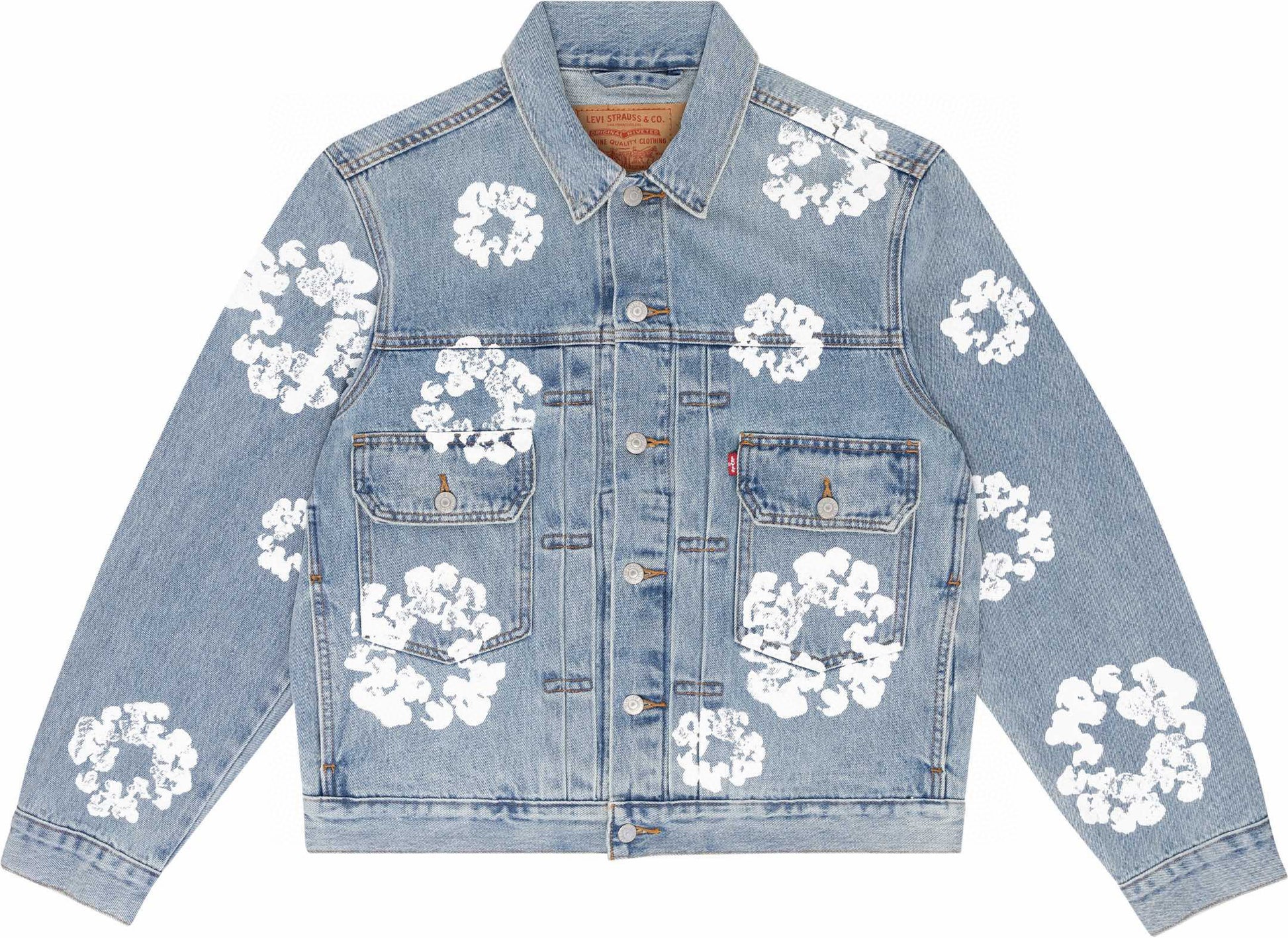 Denim jacket with white floral patterns on a white background