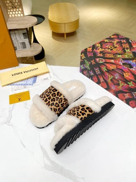 LV | Custom Leopard Fur Slides | Beige & Brown
