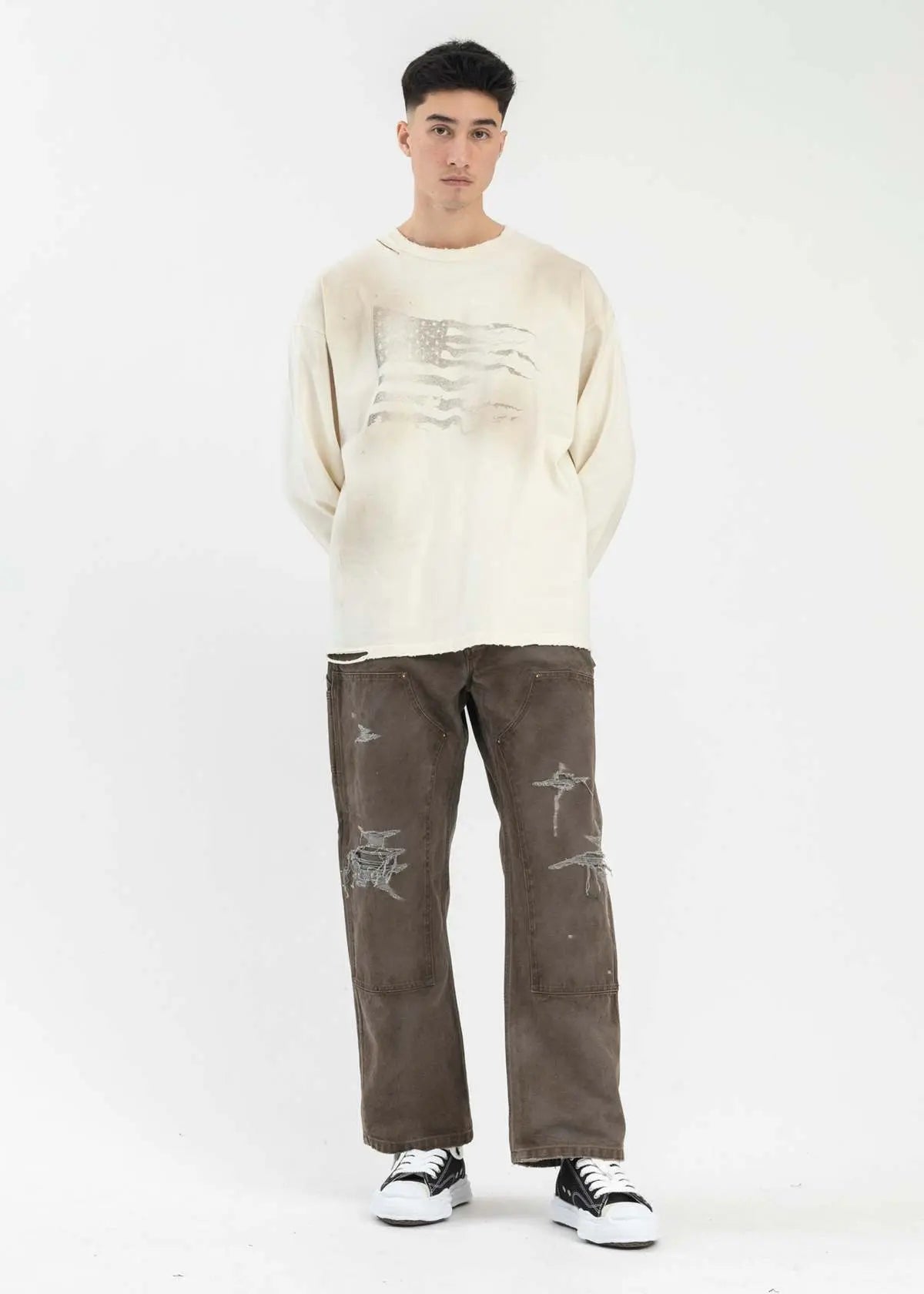 KAMIYA | Boro Duck Painter Pants | Grey Distressed Canvas KAMIYA