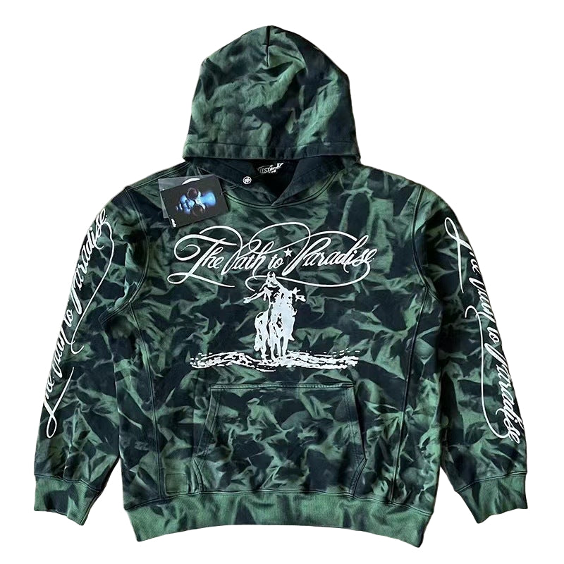 Green Hellstar | Green Camo Flame Hoodie camoflauge hoodie with graphic design and text on a white background