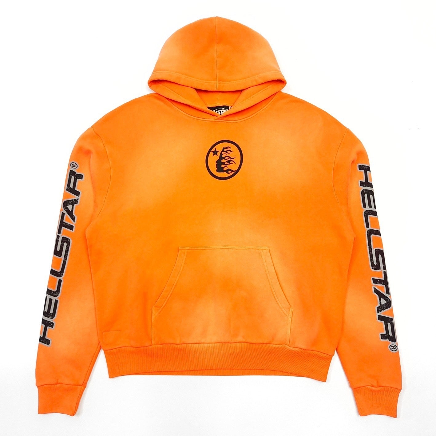 Hellstar | Orange Flame Logo Hoodie Orange hoodie with 'Hellstar' branding on a white background