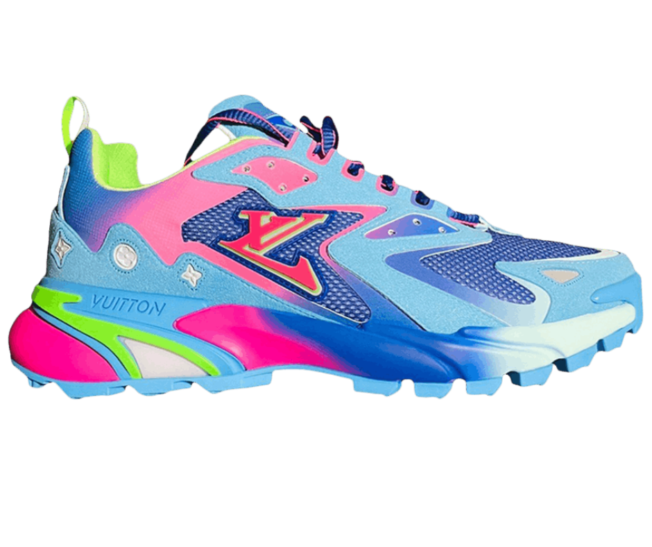 Louis Vuitton Runner Tatic Blue Purple Pink luxury sneakers with neon color mix and chunky sole, 2023 release.