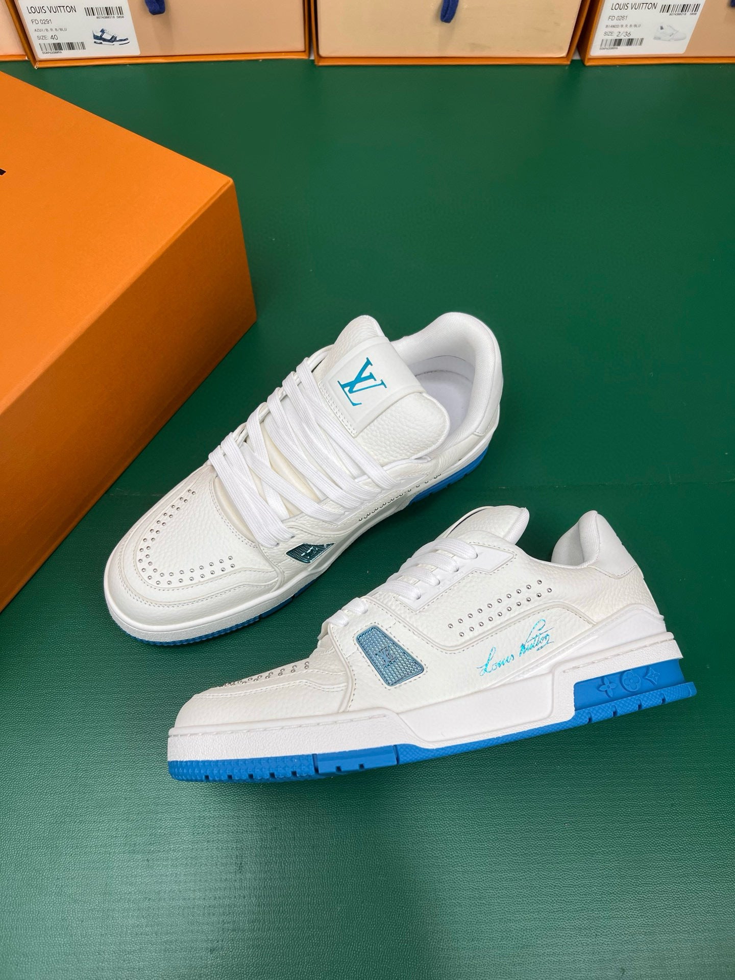 Louis Vuitton | LV Trainer Sneakers | White with Green & Blue Accents