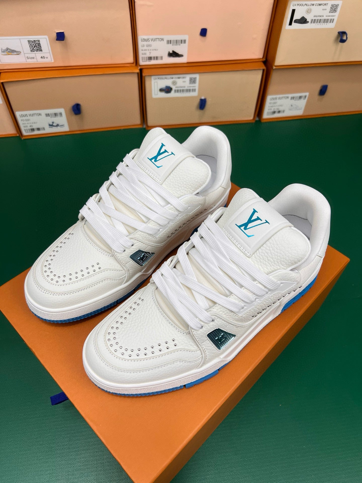Louis Vuitton | LV Trainer Sneakers | White with Green & Blue Accents