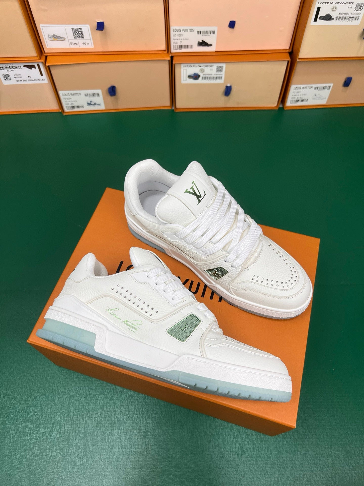 Louis Vuitton | LV Trainer Sneakers | White with Green & Blue Accents