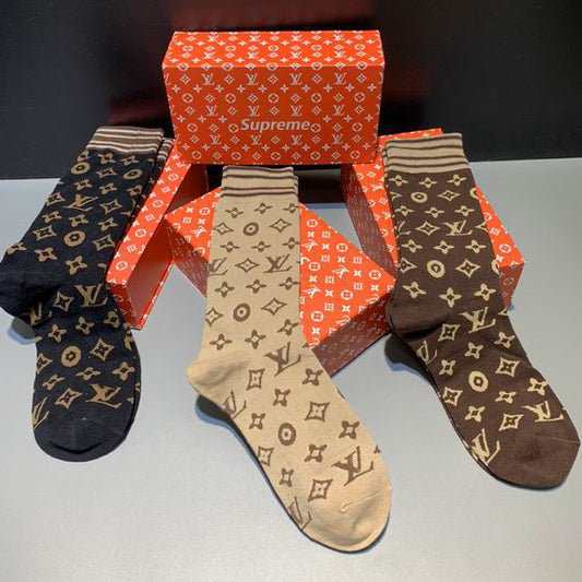 Louis Vuitton x Supreme | Monogram Crew Socks Set | Black, Beige & Brown