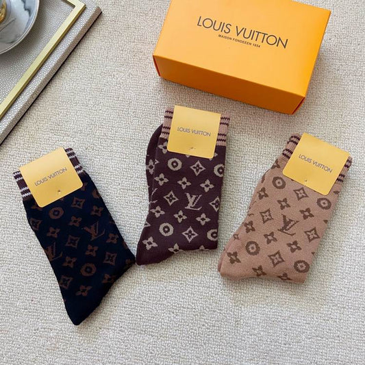 Louis Vuitton | Monogram Knit Crew Socks | Navy, Beige & Brown