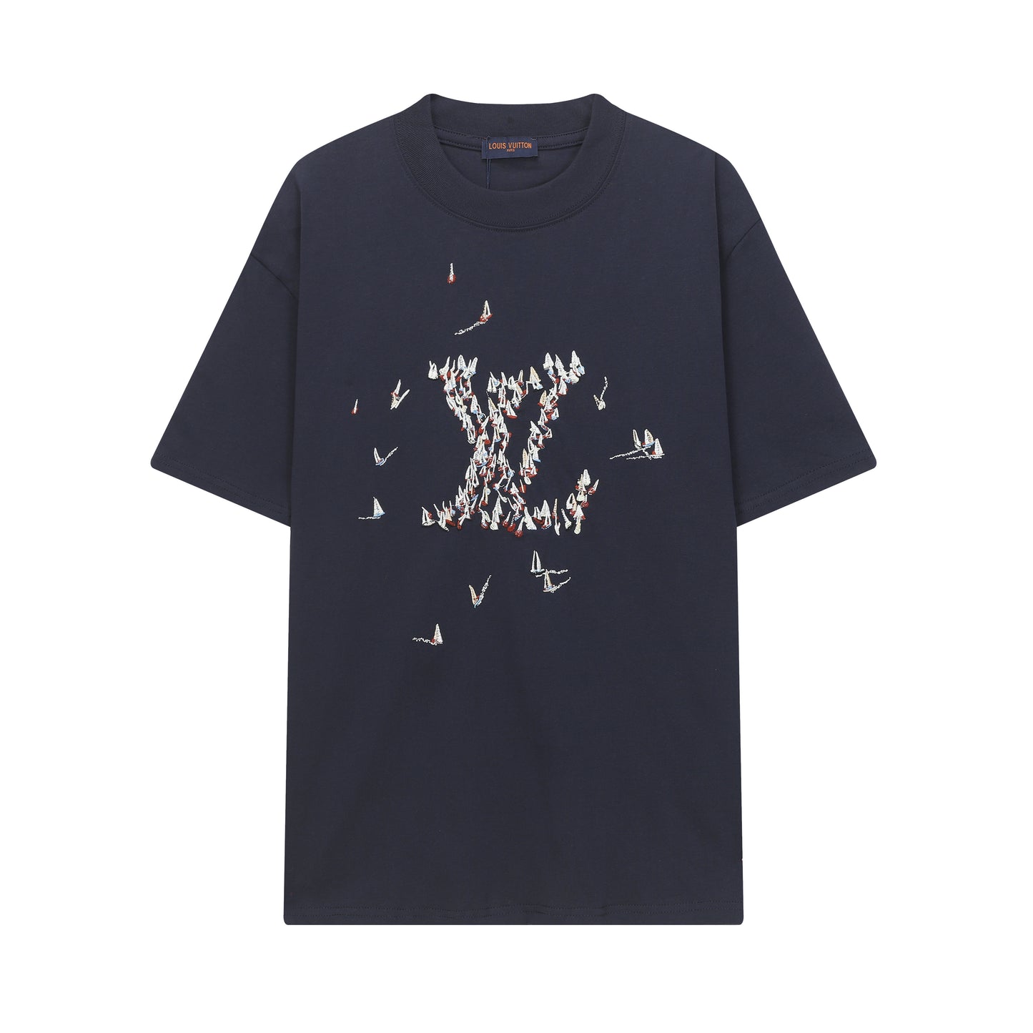 Navy blue t-shirt with a graphic design on a white background
