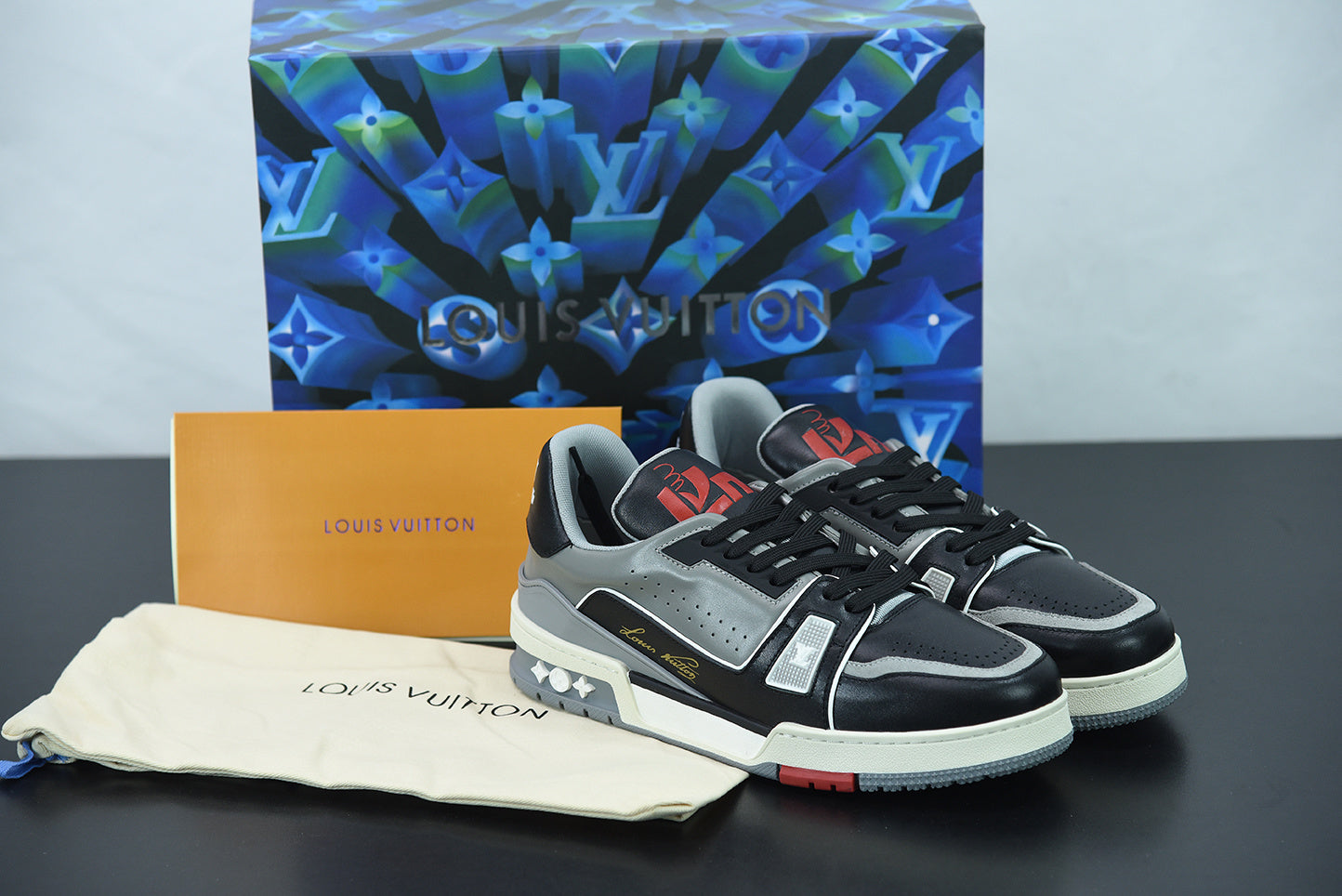 LV Grey and black and red sneakers trainers