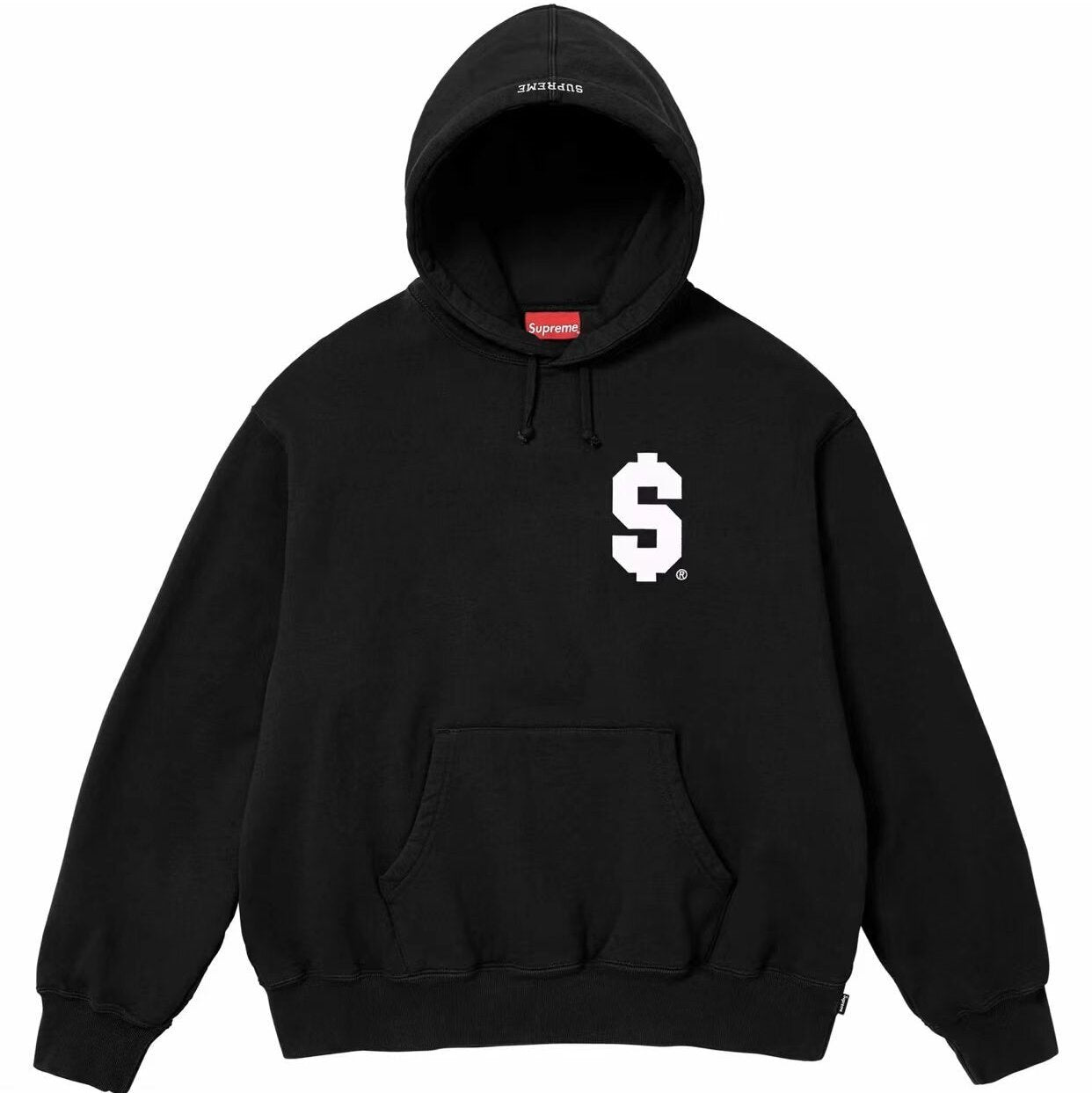 Black hoodie with a white logo on a white background