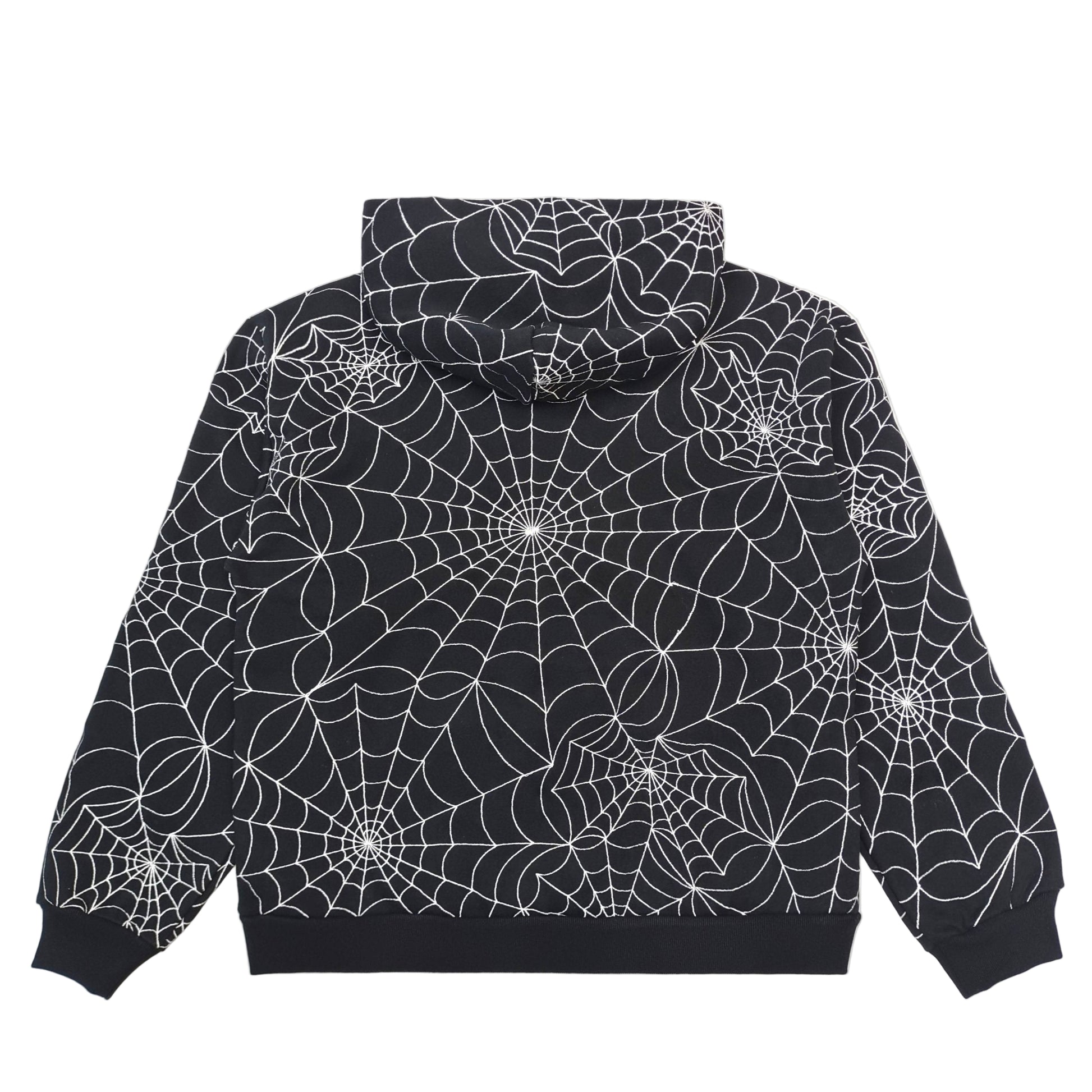 Black hoodie with white spider web pattern on a white background
