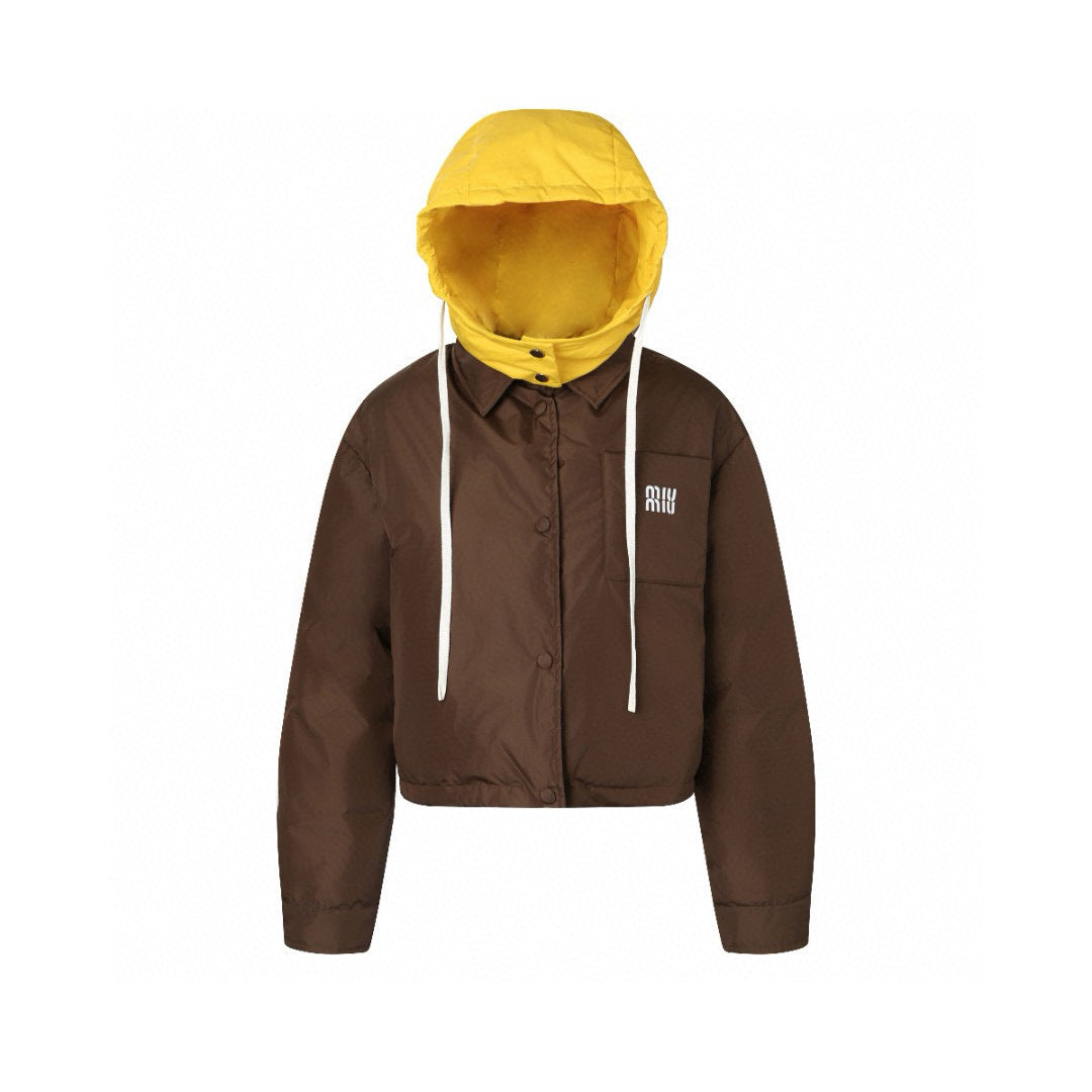 Brown jacket with yellow hood on a white background