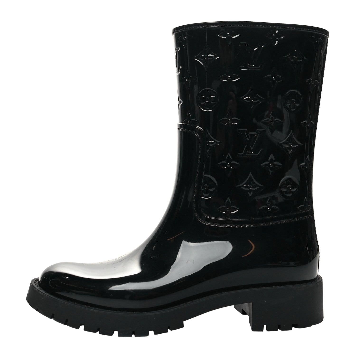 Black rain boot with brand logo pattern on a white background