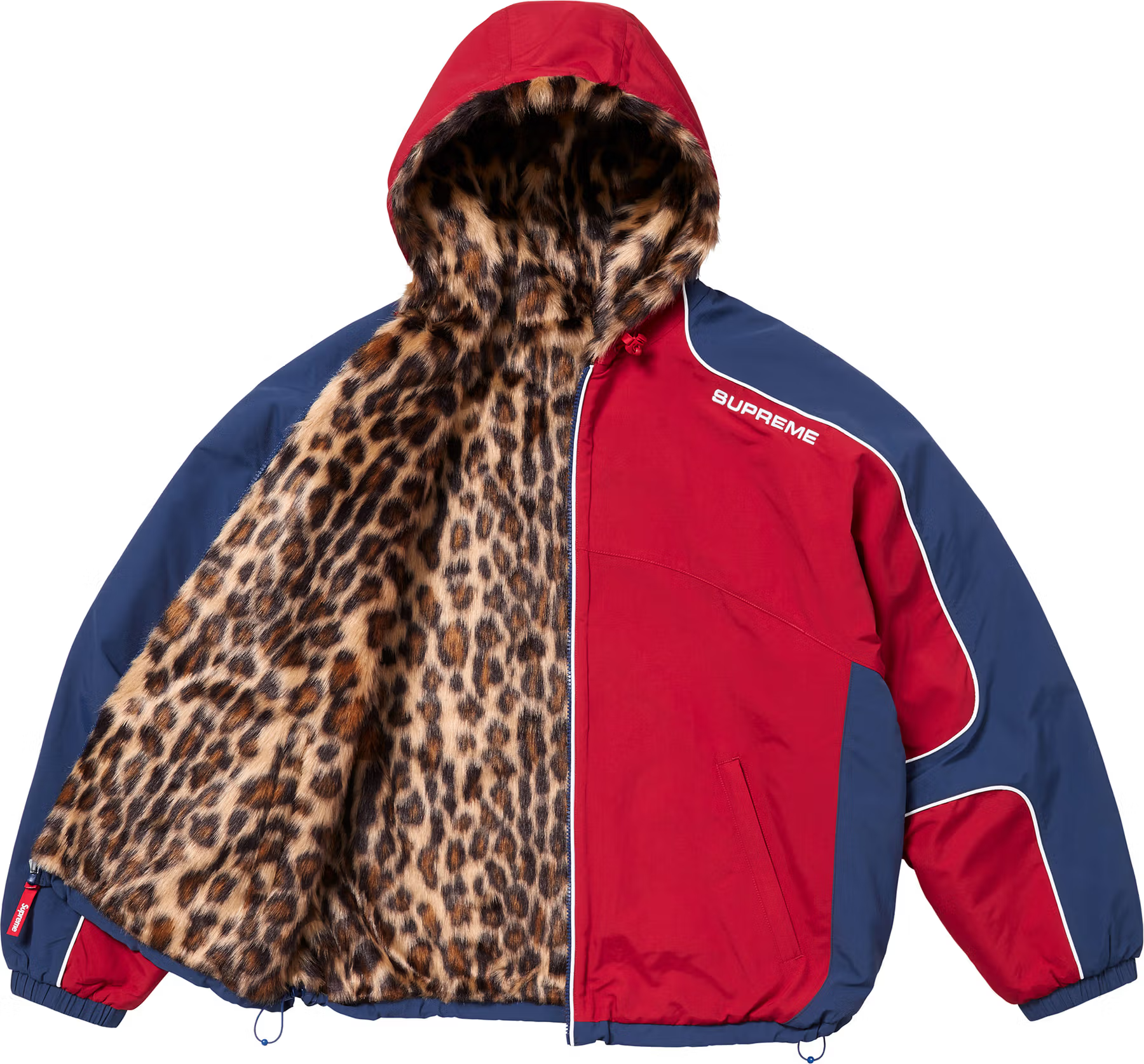 Supreme reversible hooded track jacket red navy with leopard faux fur lining front open
