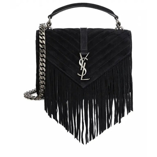 Black fringed handbag with a brand logo on a white background