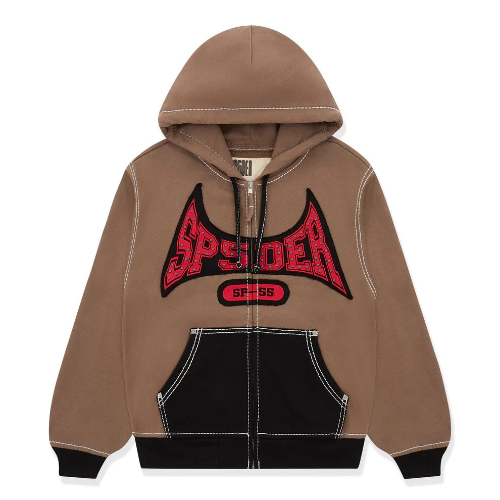 Brown hoodie with red and black logo on a white background