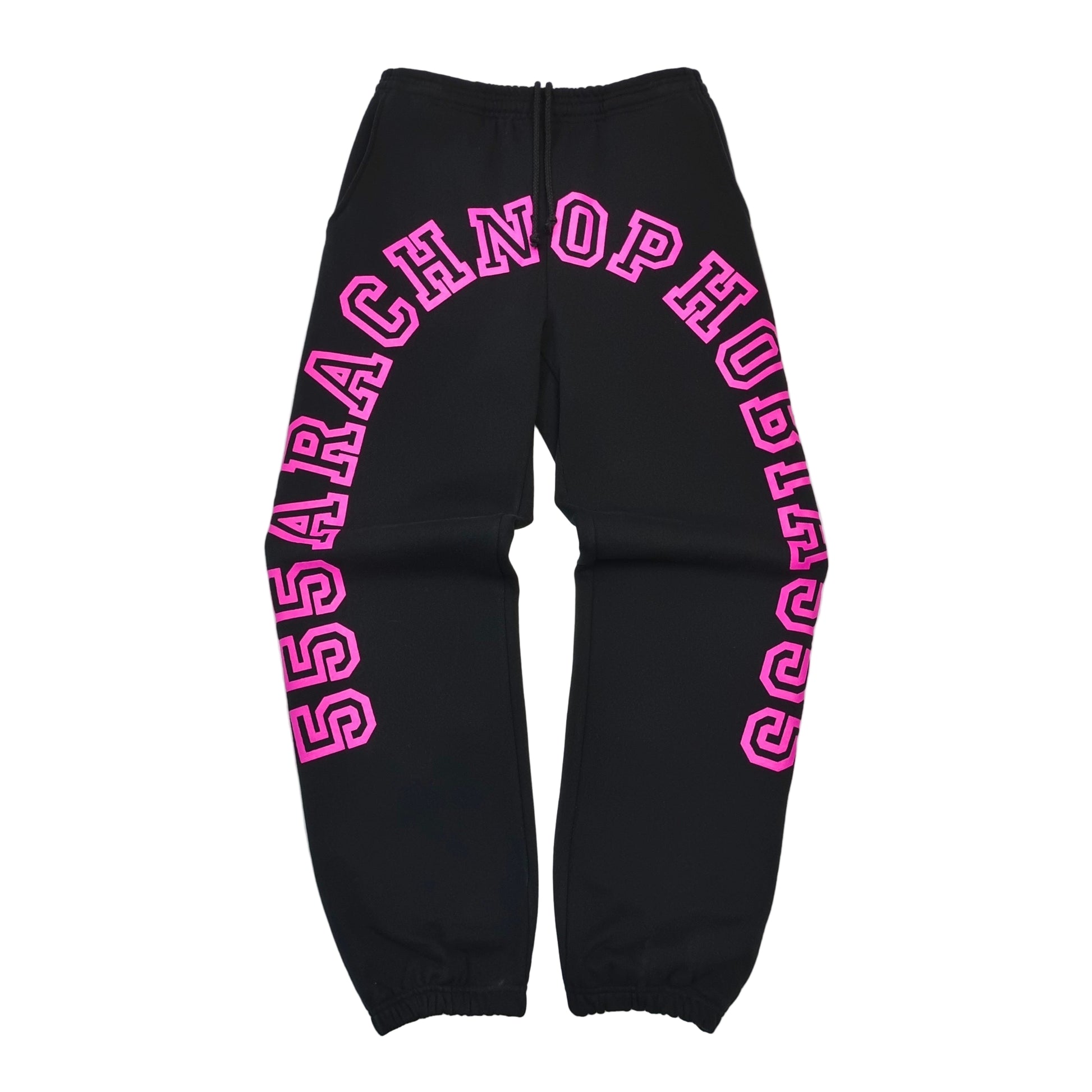 Sp5der Black sweatpants with pink text on a white background