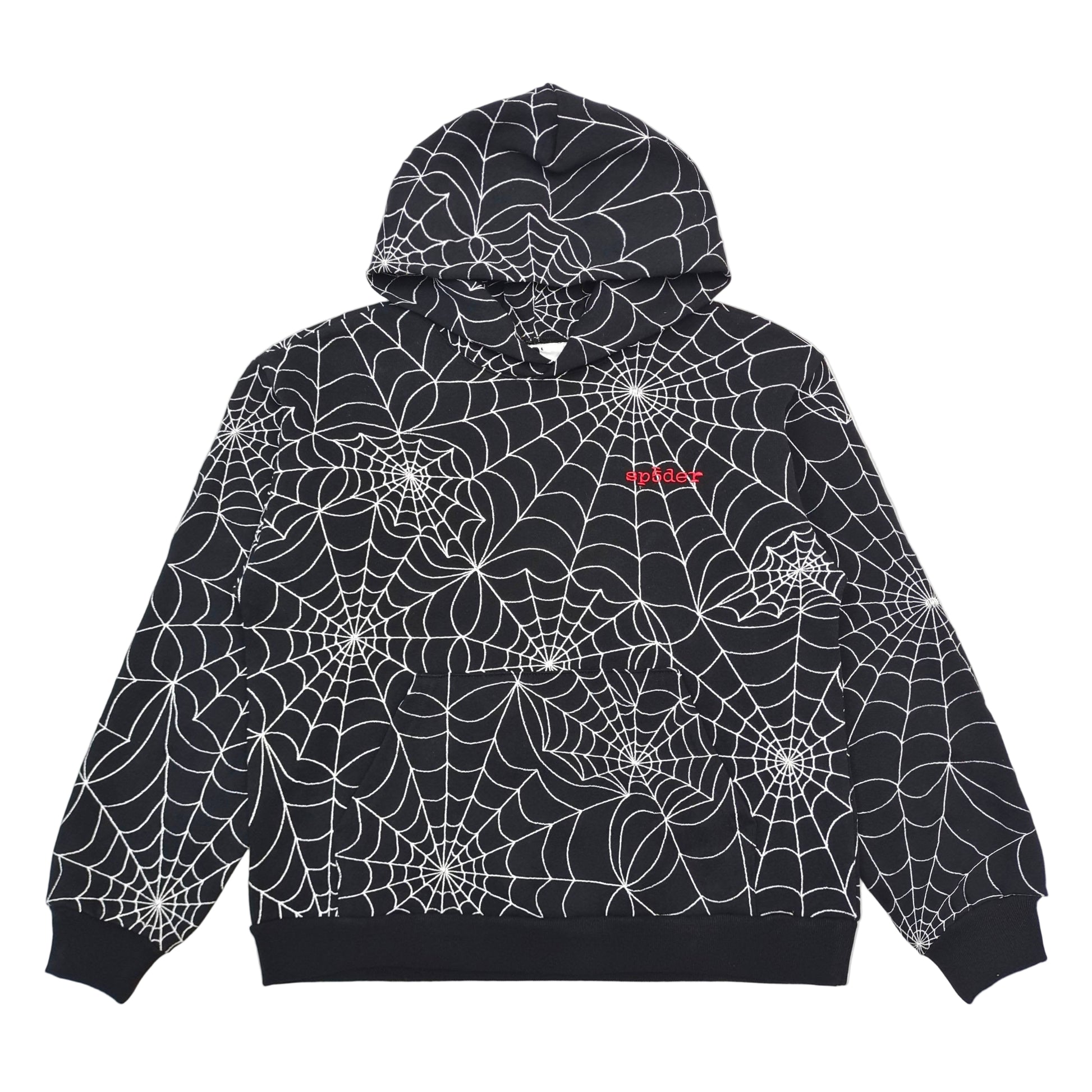 Black hoodie with white spider web pattern on a white background