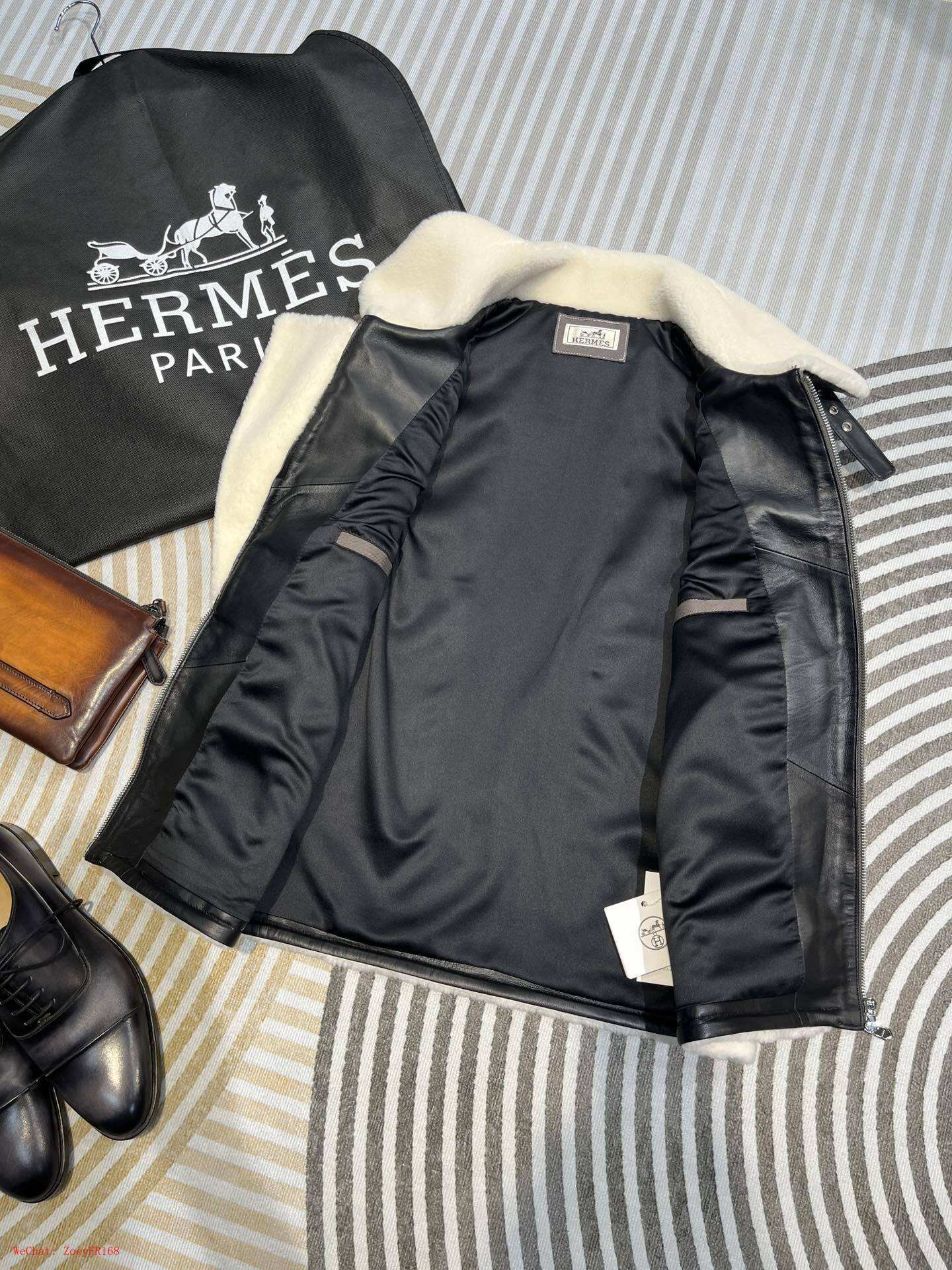 Hermès | Black Leather Jacket with Shearling Collar Hermes