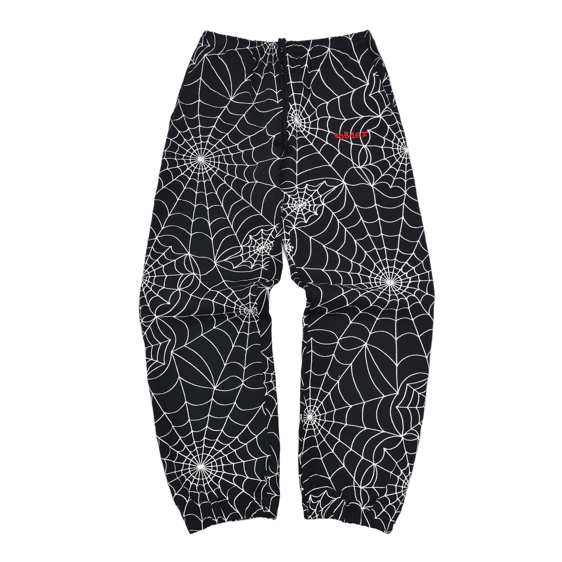 Black pants with white spider web pattern on a white background