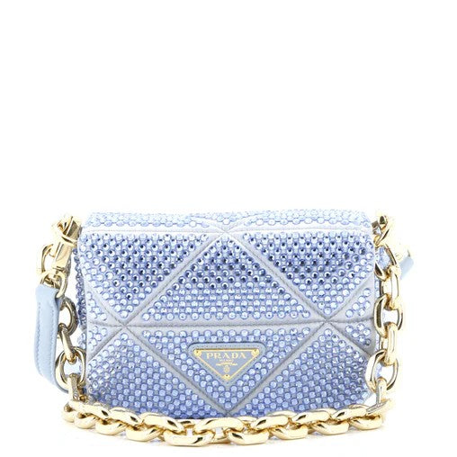Prada | Triangle Chain Flap Bag Crystal Embellished Satin in Light Blue
